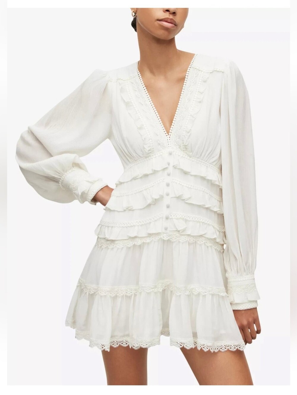 AllSaints White Zora Lace-Trim Ruffle Mini Dress